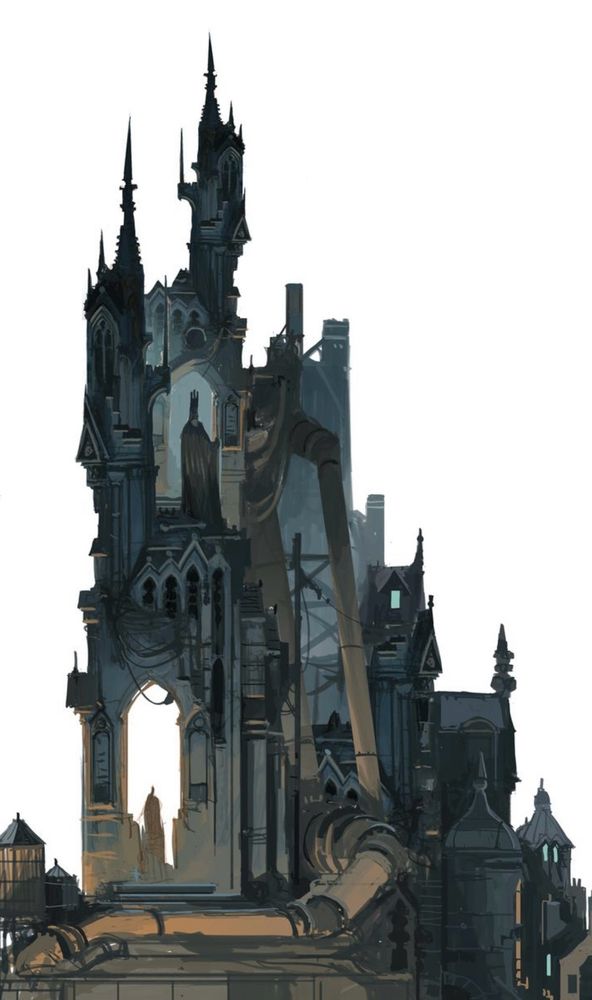 Digital painting, a spiky gothic cathedral retro fitted with industrial gubbins