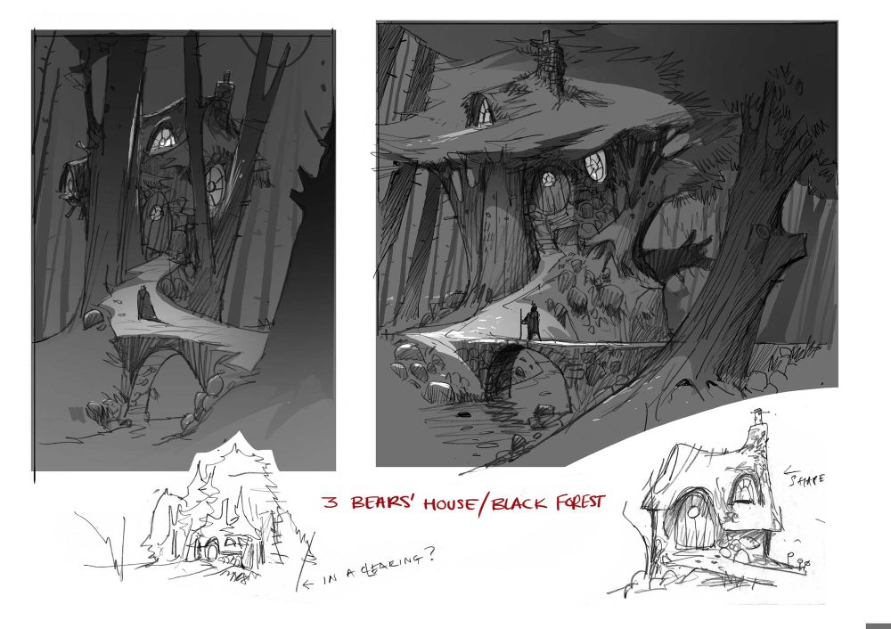 Sketches for Puss In Boots: The Last Wish movie. The Three Bears’ house 