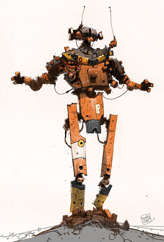 Digital painting, a bipedal robot in the wild doing jazz hands 