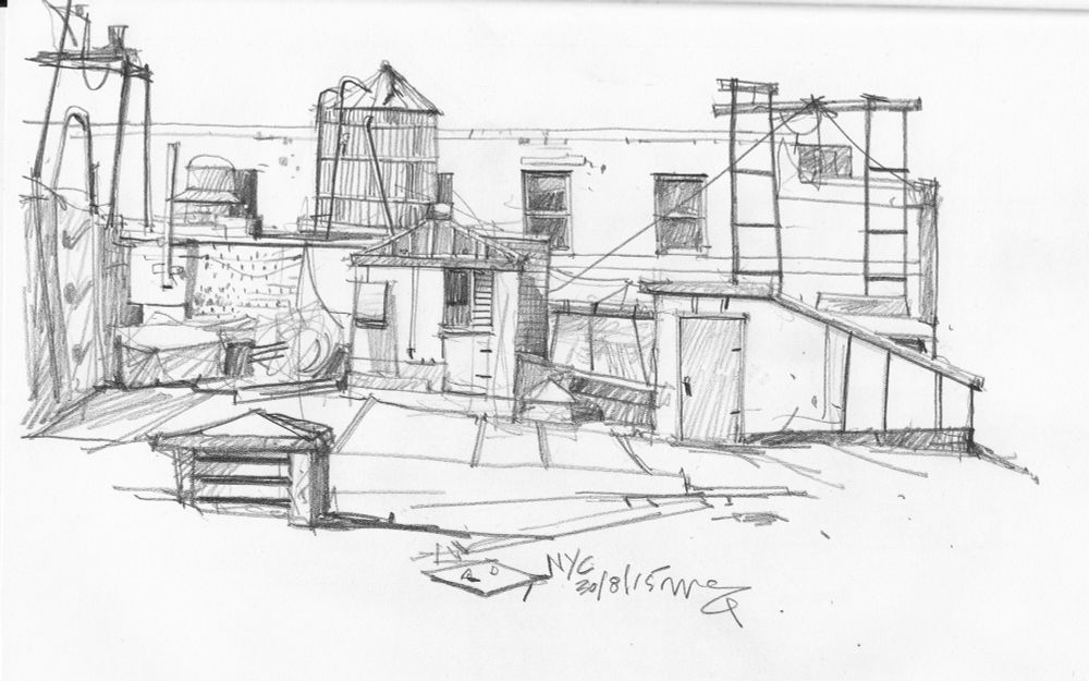 Pencil drawing, a rooftop on 5th Avenue in Manhattan 