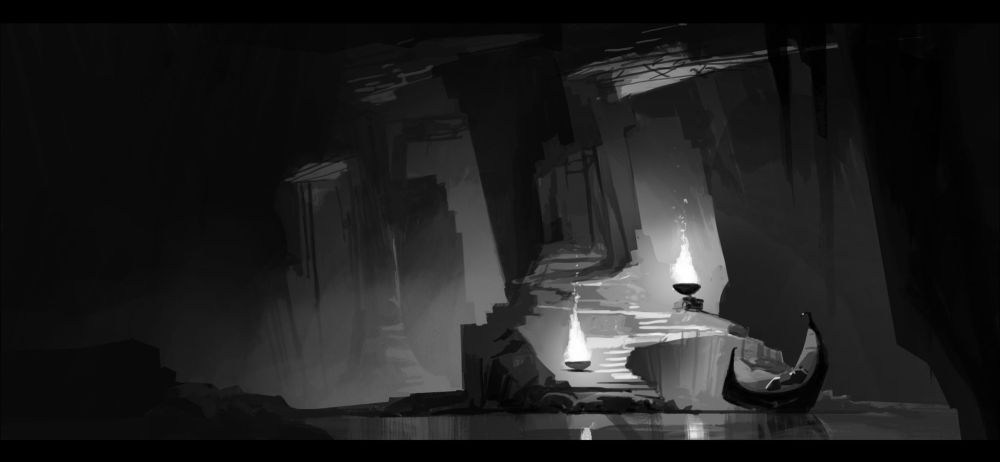 Digital painting, dark subterranean labyrinth entrance lit by fire