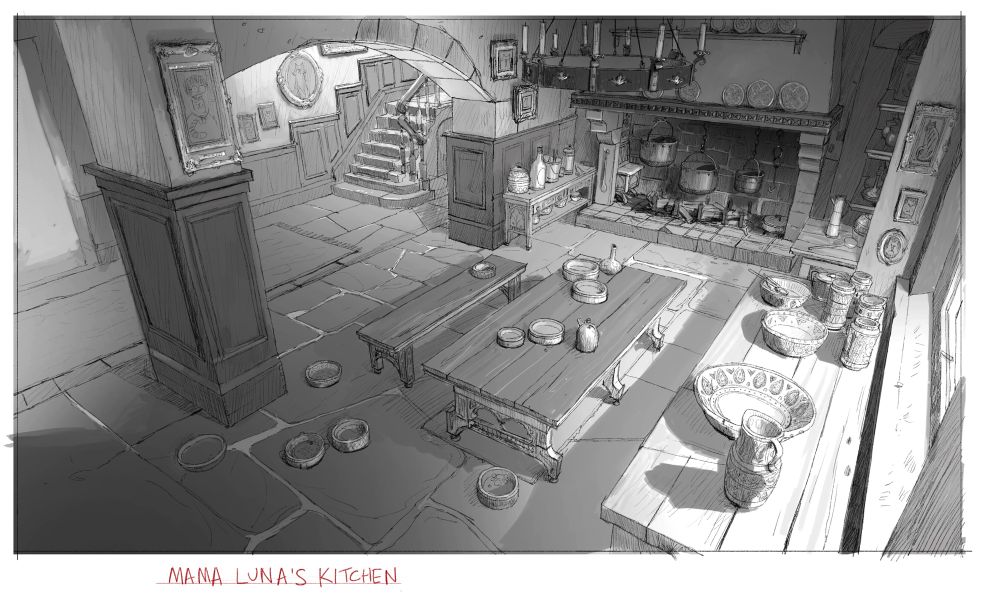 Sketches for Puss In Boots: The Last Wish movie, Mama Luna’s house (interior) 