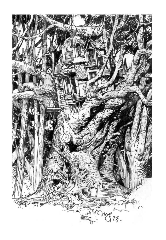 Ink drawing, a house in a tree 