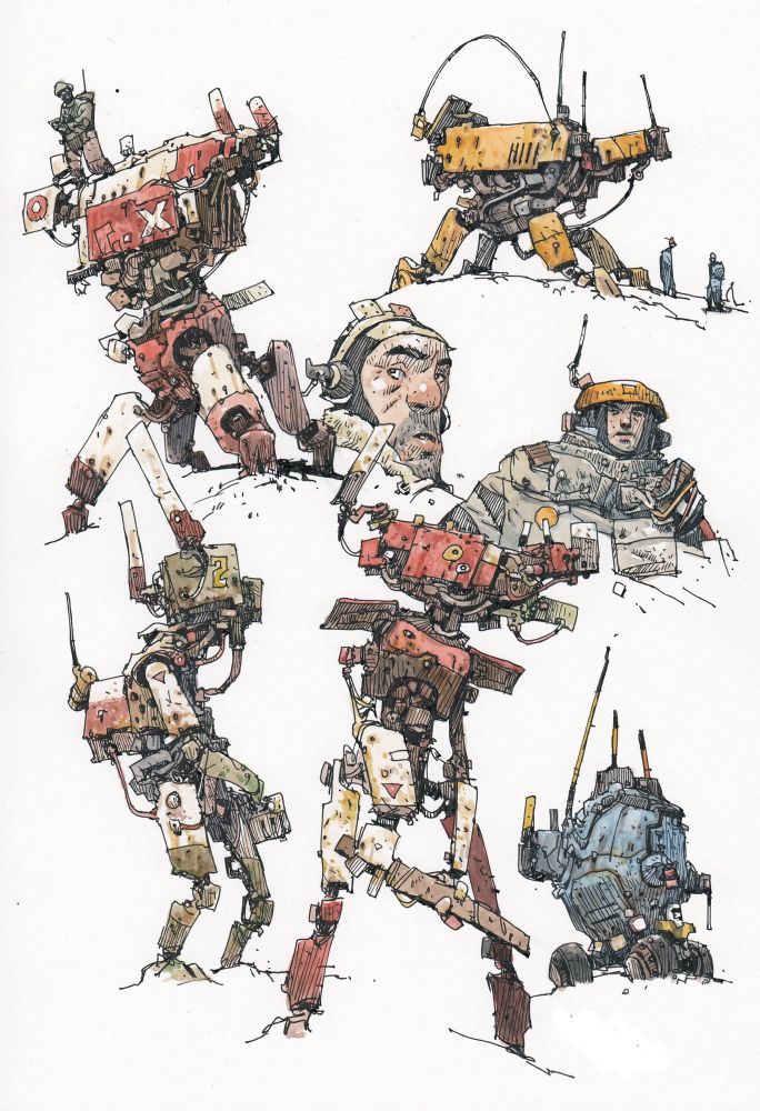 Line and watercolour drawings of whimsical mechanical vehicles and such