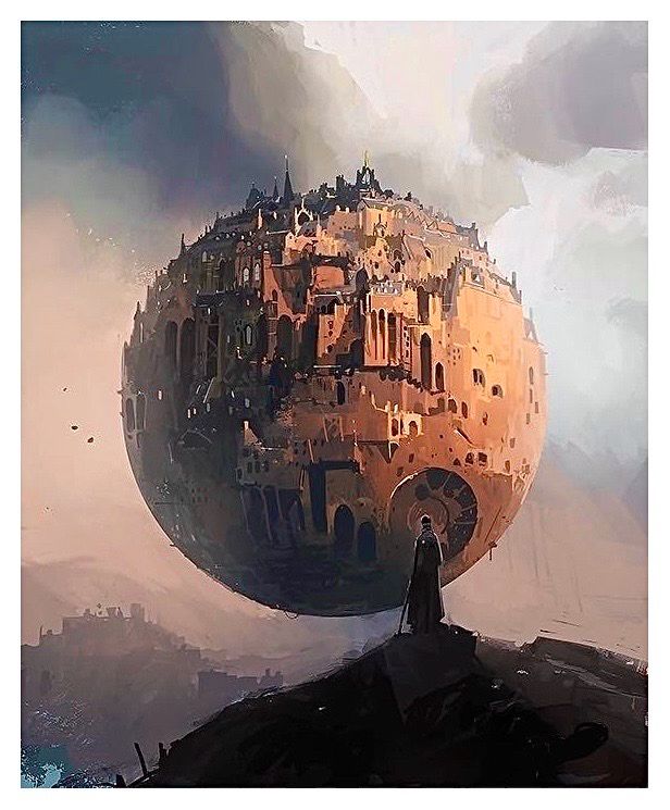 Digital painting, Death Star made out of castles and stuff 
