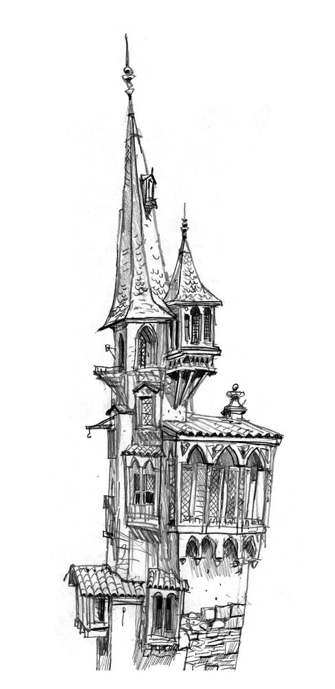Pencil drawing, architectural design for Puss in Boots: The Last Wish movie 