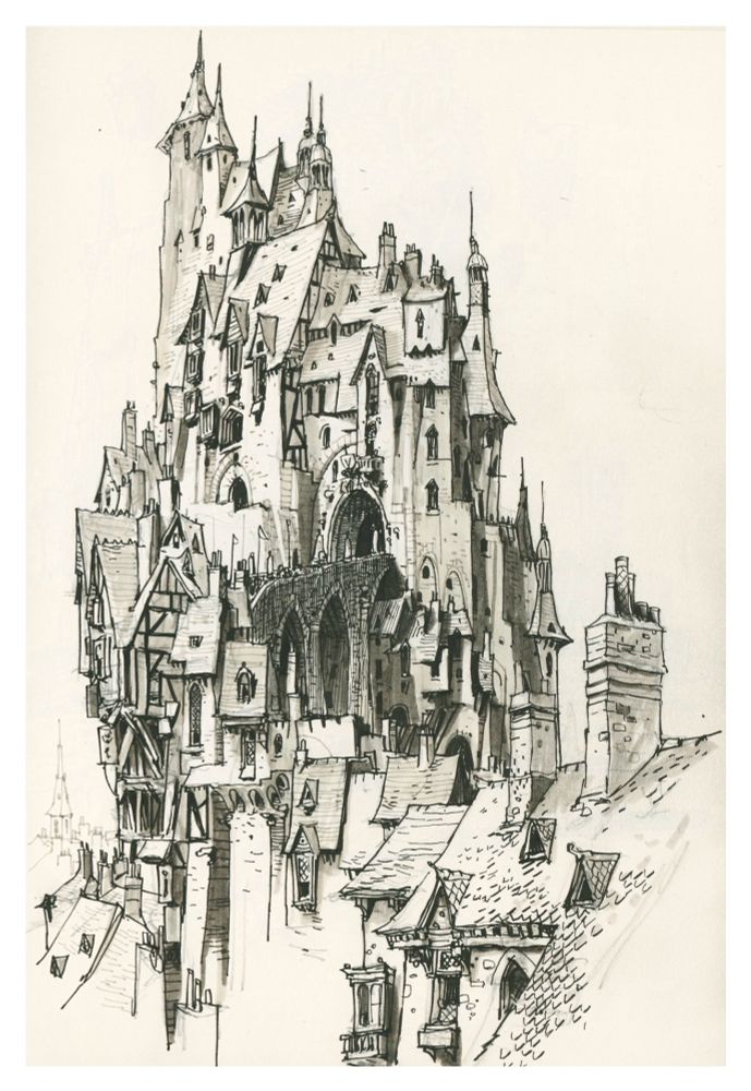 Ink and marker drawing, generic spiky castle walls. Edinburgh/Prague vibez