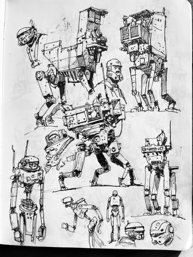 Ink drawings, Star Wars style AT-AT walkers, pilots, droids etc 