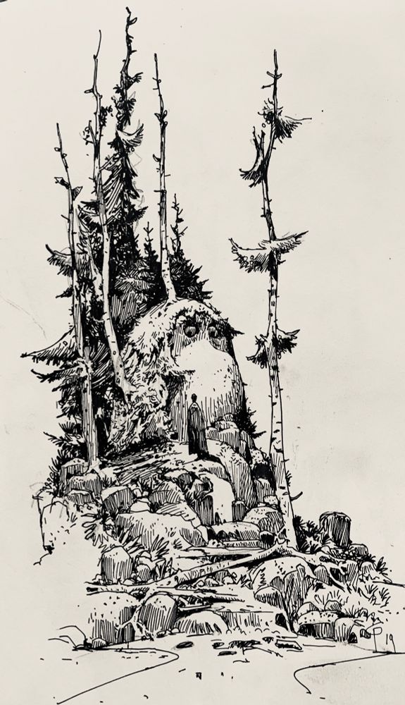 Ink drawing, troll giant in the woods 