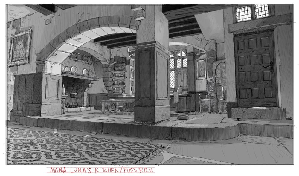 Sketches for Puss In Boots: The Last Wish movie, Mama Luna’s house (interior) 