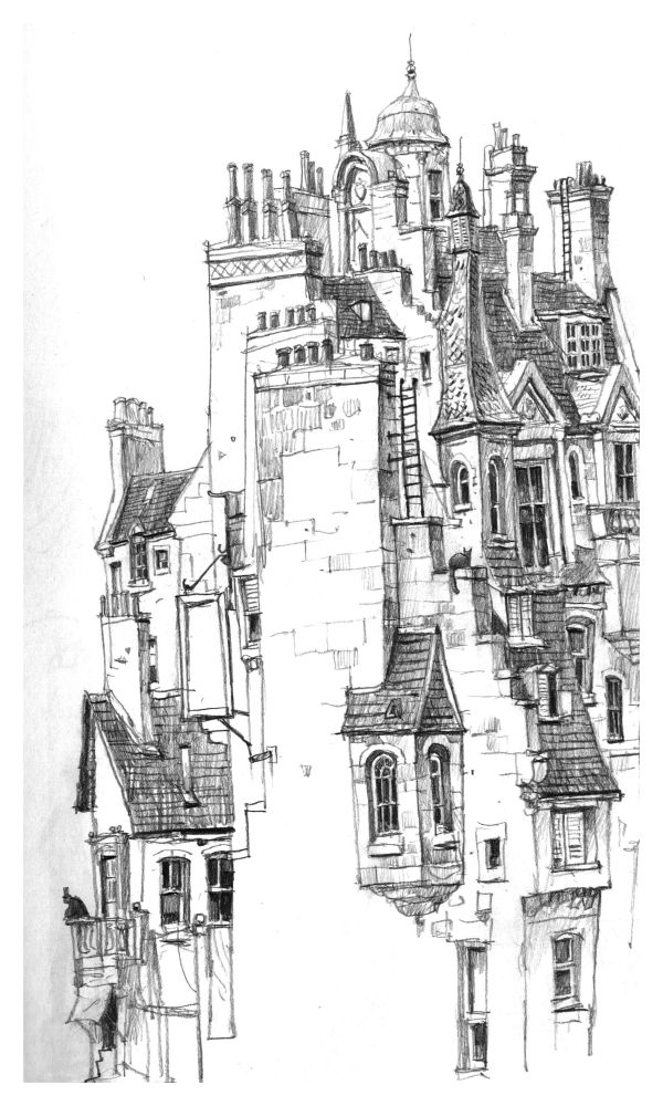 Pencil sketch of an Edinburgh-inspired tenement block
