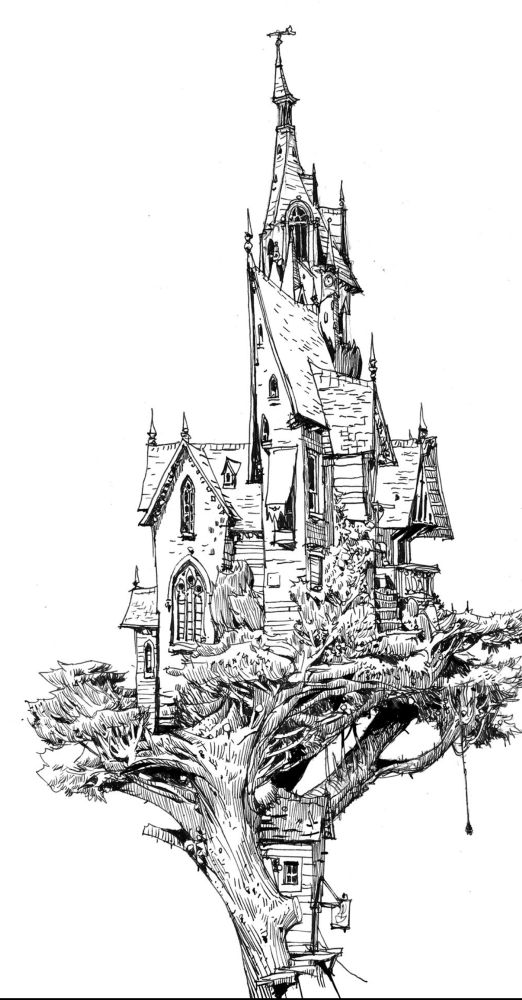 ink drawing, a gothic mansion in a tree 