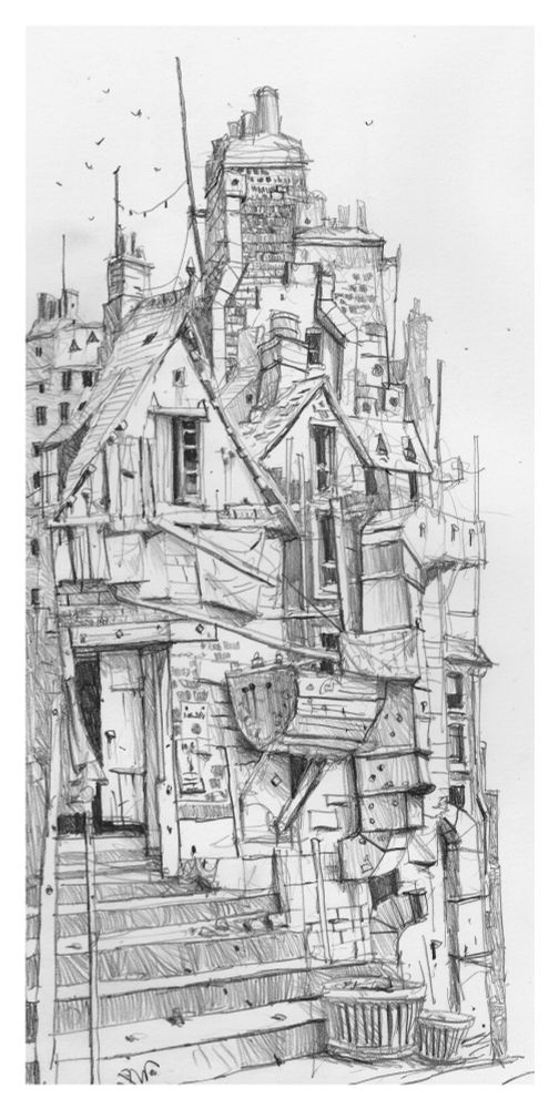 Pencil drawing, whimsical buildings, lots of chimneys 