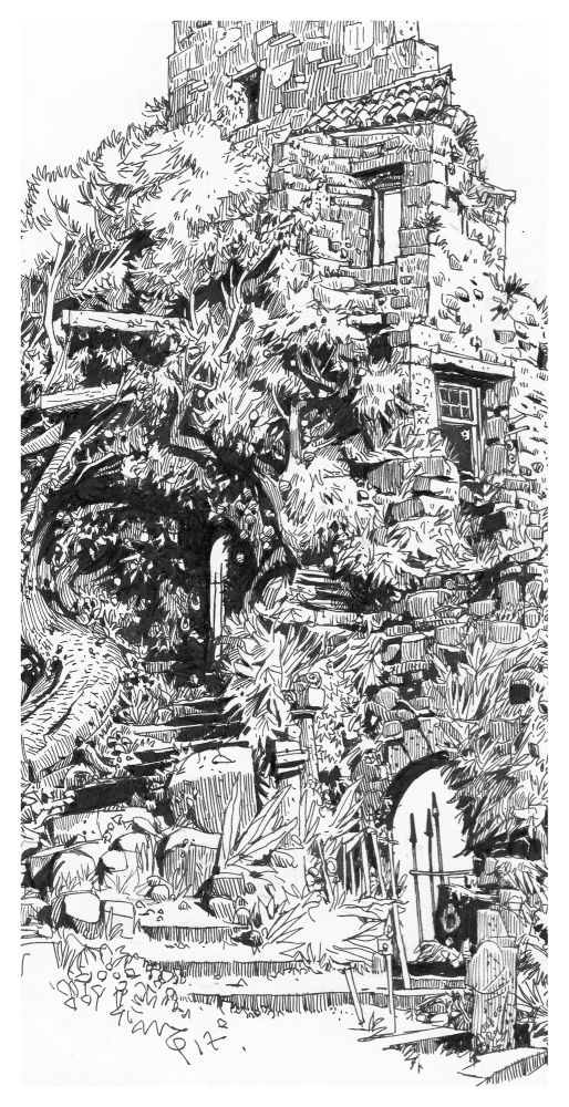 Ink drawing of an abandoned, overgrown ruin.
