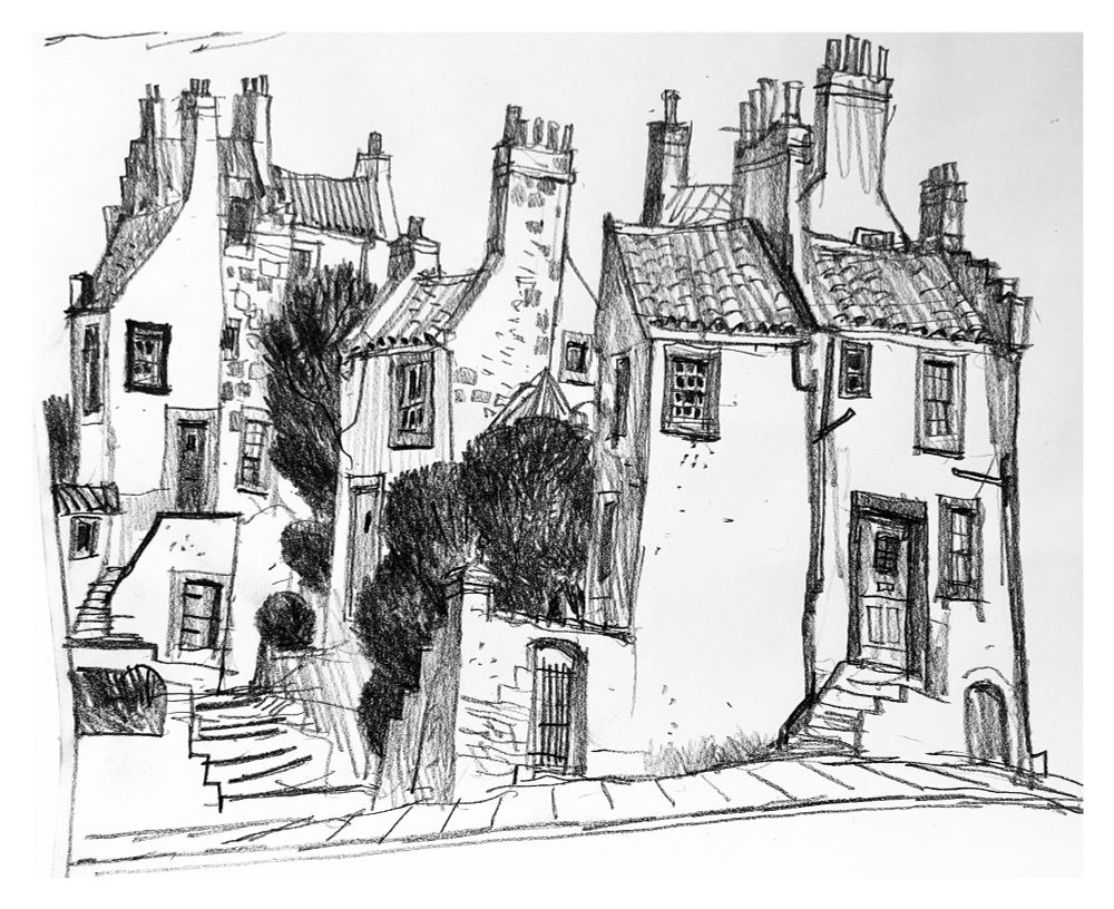 Sketchbook drawing inspired by the architecture of East Neuk of Fife in Scotland 