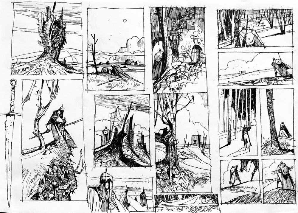 Ink drawings, solitary figures in landscapes 