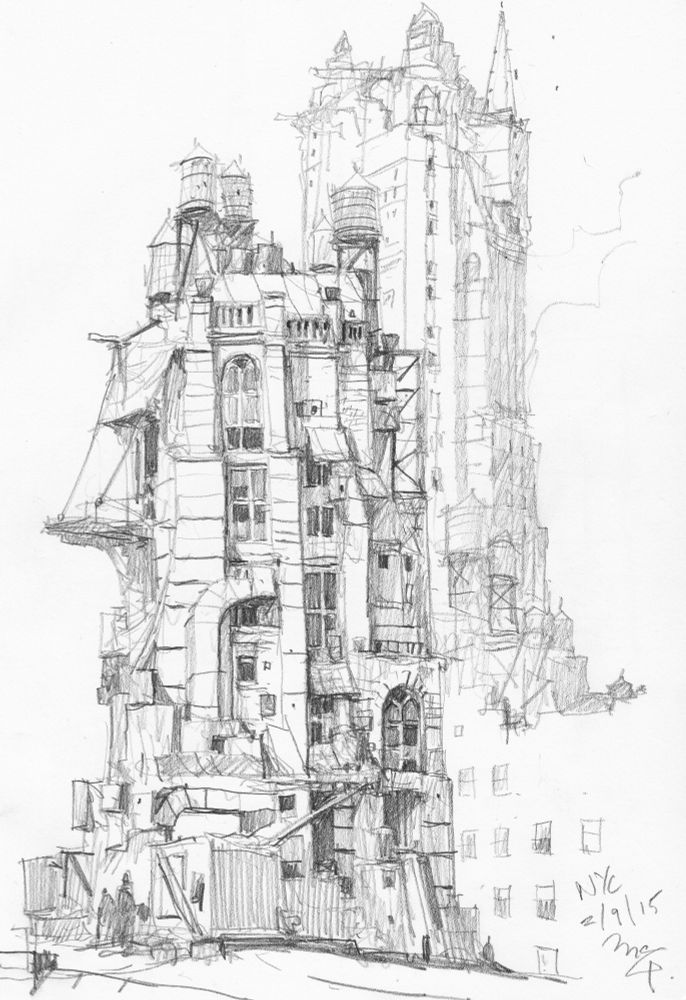 Pencil drawing, fanciful architecture inspired by a trip to New York 