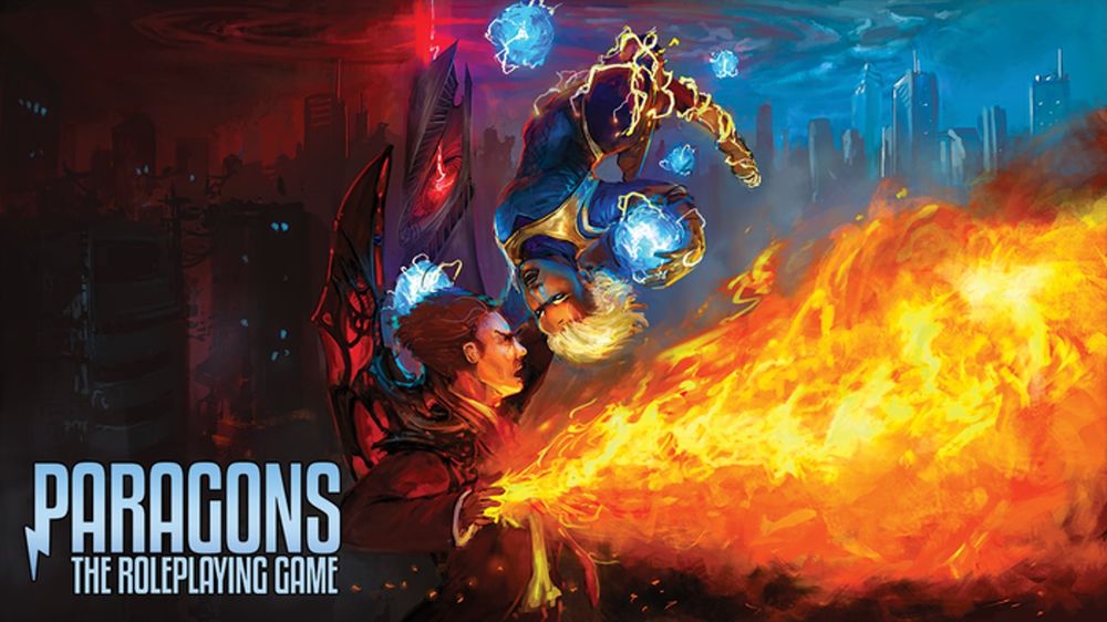 A fire wielding hero engaged in battle with a foe shrouded in lightning with the words Paragons The Roleplaying Game 