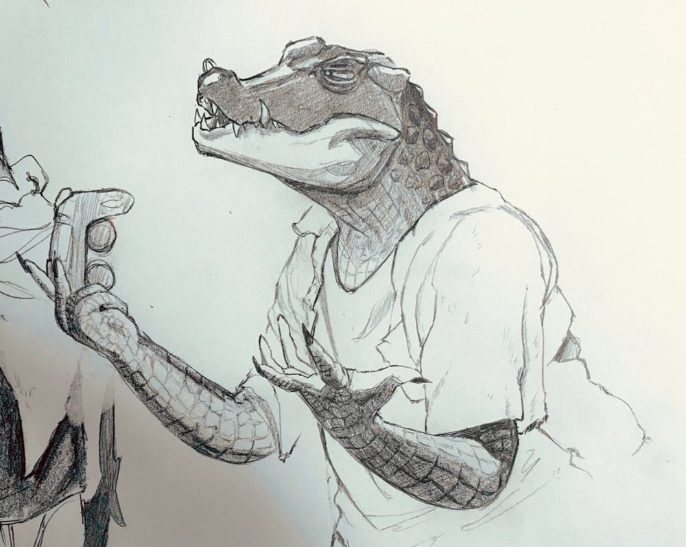 This is a pencil sketch I made in 2023 of my sona getting upset at a game of Splatoon (I was playing a lot around the time I drew this). I'm in the middle of complaining out-loud as I narrow my eyes at the game and my arms are opened up to express confusion.