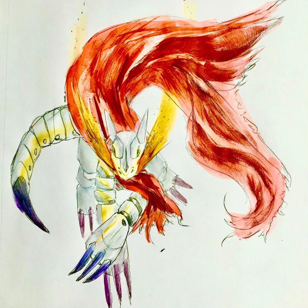 Watercolor and graphite sketch of Huckmon from the Digimon franchise. His red cape is billowing in a swirl as he charges up a Baby Flame attack mid-air. Fire spews from the corners of his mouth as he stares down at the viewer of the image.