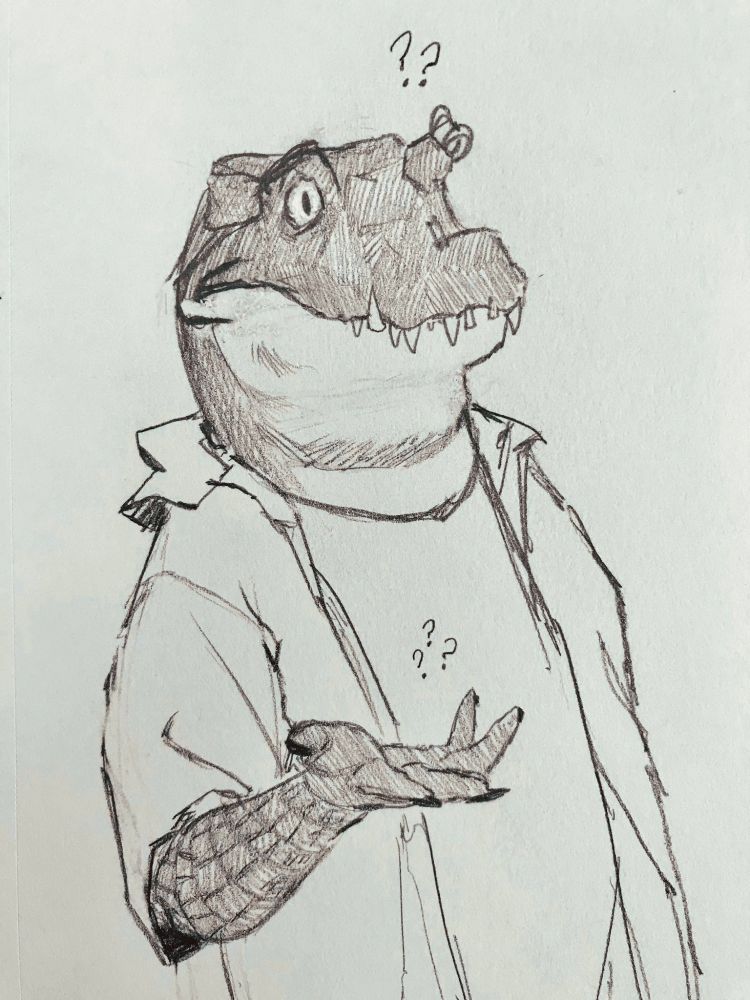 Another pencil sketch of my sona, looking surprised and with one arm open to indicate confusion. There are question marks above my head and hand. There's no setting or context for this, really. I just wanted to practice expressions.