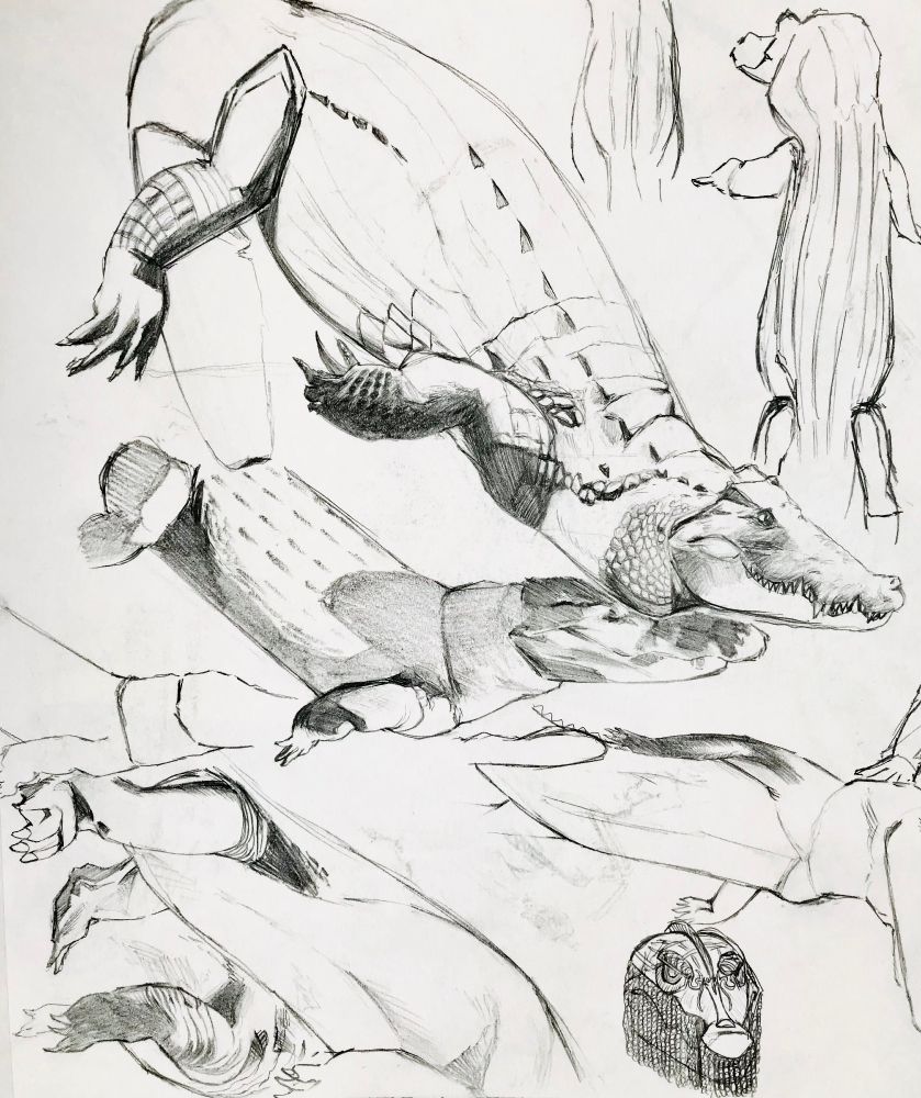 Sketches of Saltwater Crocodiles and American Alligators, also my sona in the lower-right wearing a fantasy helmet inspired by Swedish Vendel period helmets.