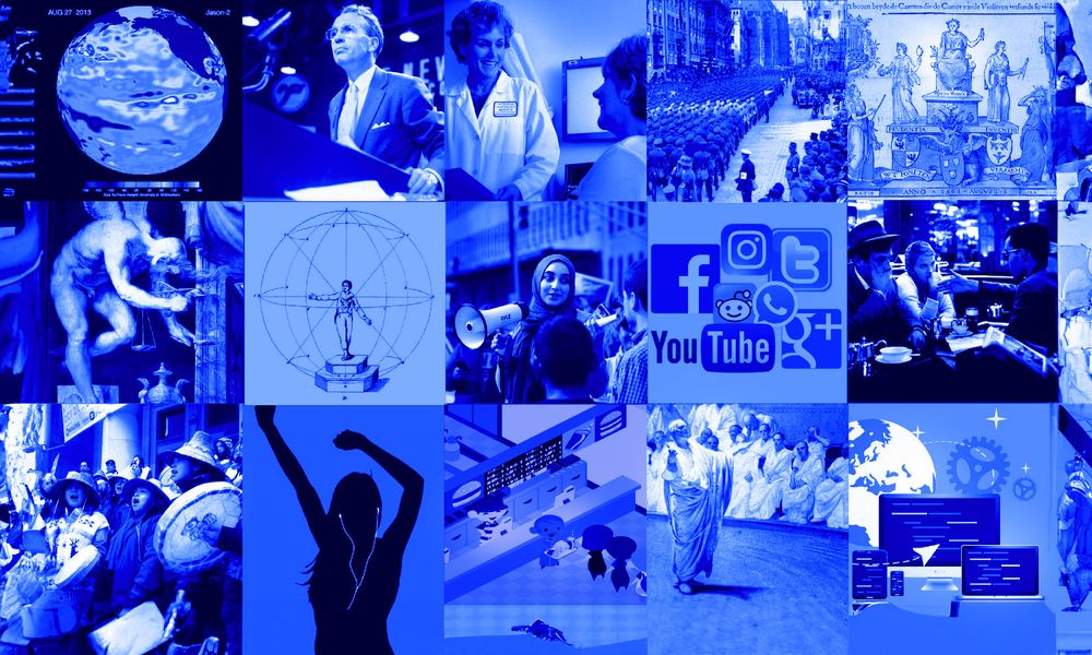 Collage of images related to rhetoric.