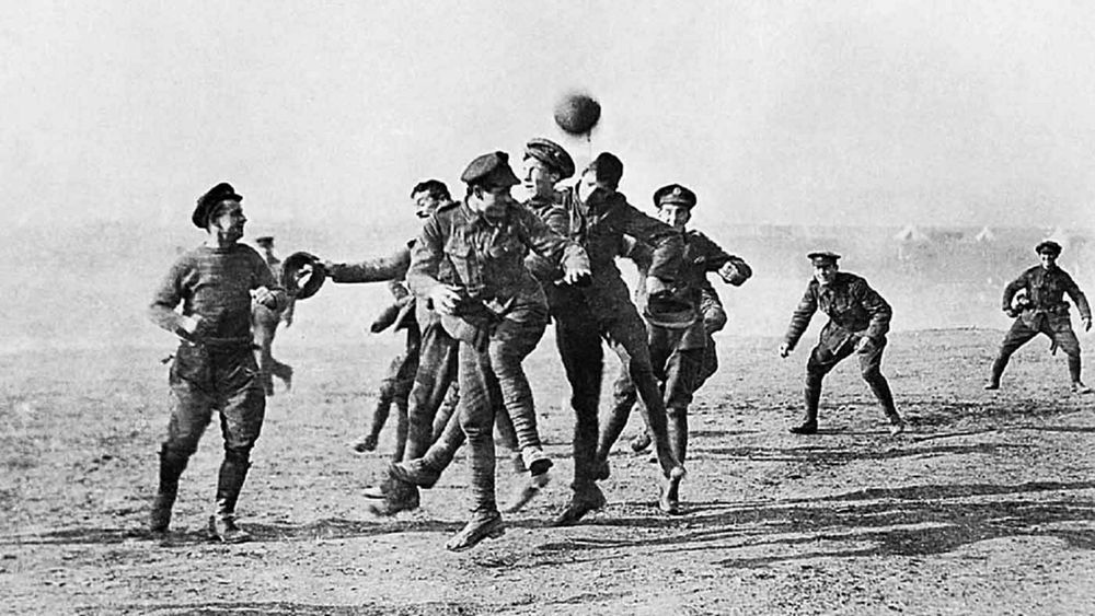 Soldiers playing football during Christmas truce. 
