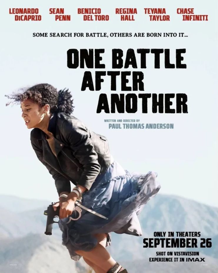 Poster for One Battle After Another film with young girl holding a firearm. 