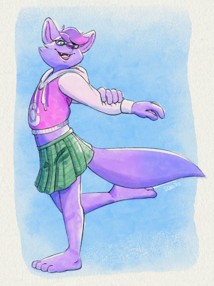 Purple wolf named Maff wearing a green skirt and pink and cream hoodie stretching their arms. Balancing on one leg while the other is lifted. The image is painted with digital watercolours.