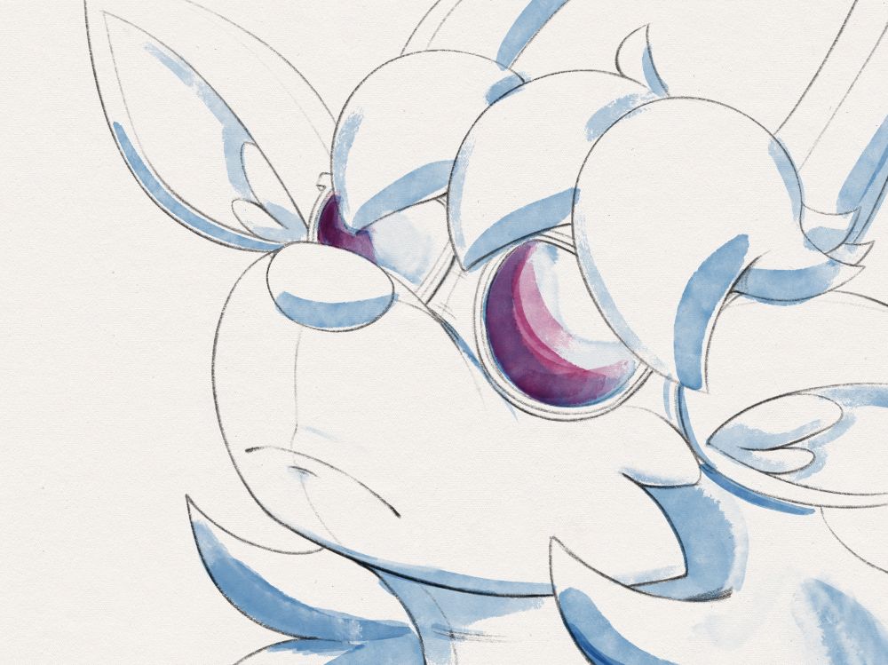 A deer with sunglasses staring into a bright light. A lot of negative space is used to denote bright light. The image is painted with digital watercolours.
