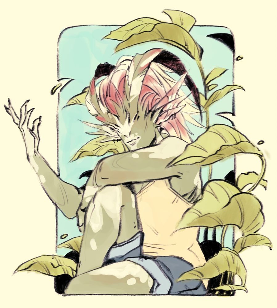 Art of a dryad sitting among leaves.