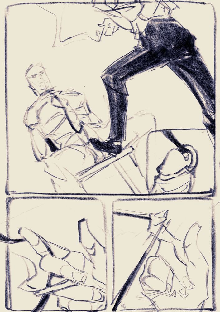 Sketch comic of a bound man with another character resting his foot on his crotch. The small panel in the middle is a cock with a leash attached to a prince albert piercing. The hands at the bottom are tugging on the leash. 