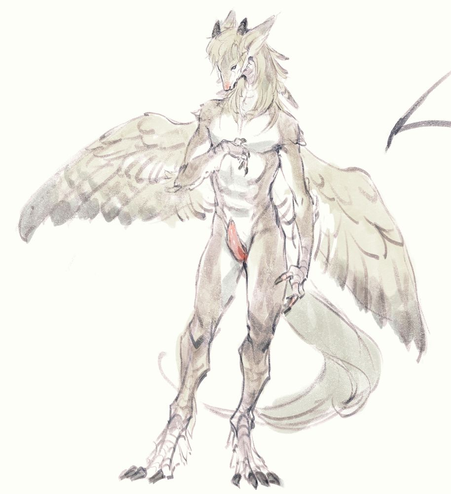 Nude version of original character Emery as a feathered humanoid beast with wings. 