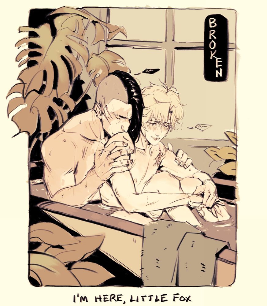 Raven haired character comforting and kissing the shoulder of the light haired character in the bath. There are plants around them, a towel hanging off the side of the tub, and a window in the back. The text in the speech bubble says 'broken' and the text at the bottom says 'I'm here little fox.'