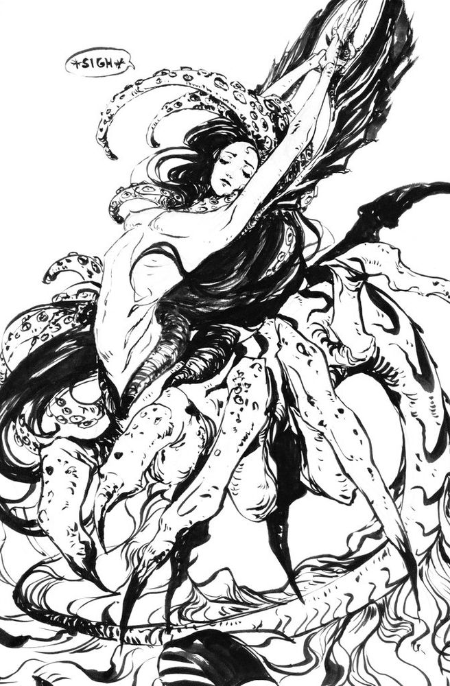 Ink drawing of a fantasy sea creature with a woman's torso and different aquatic animal features. 