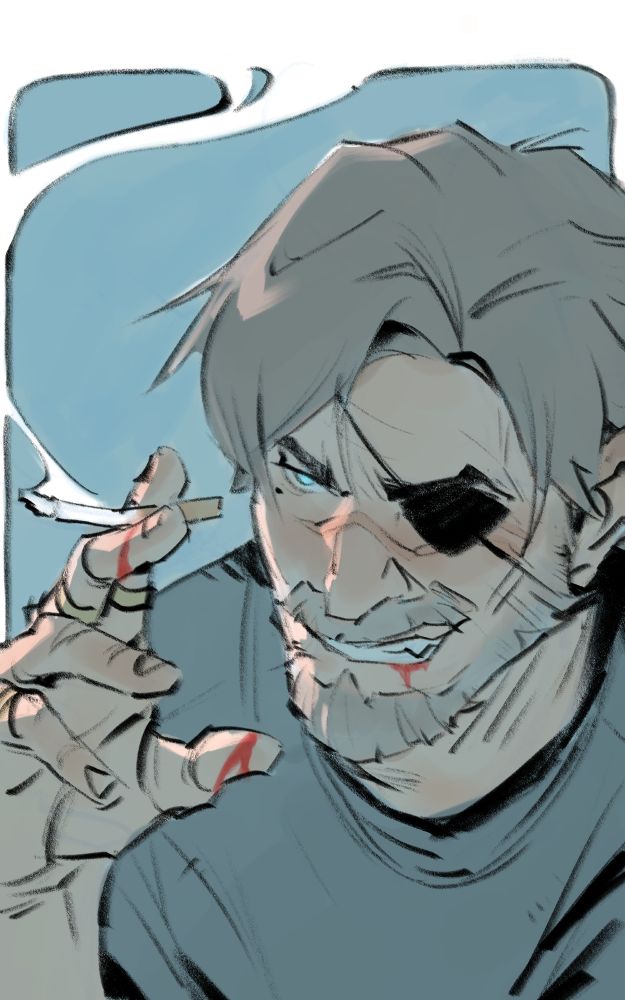 Art of a character's portrait. He's smoking and has drops of blood on his fingers and lip. 