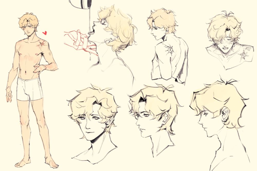 Character reference sheet that includes a full body shot and multiple head shots of the character Emery.