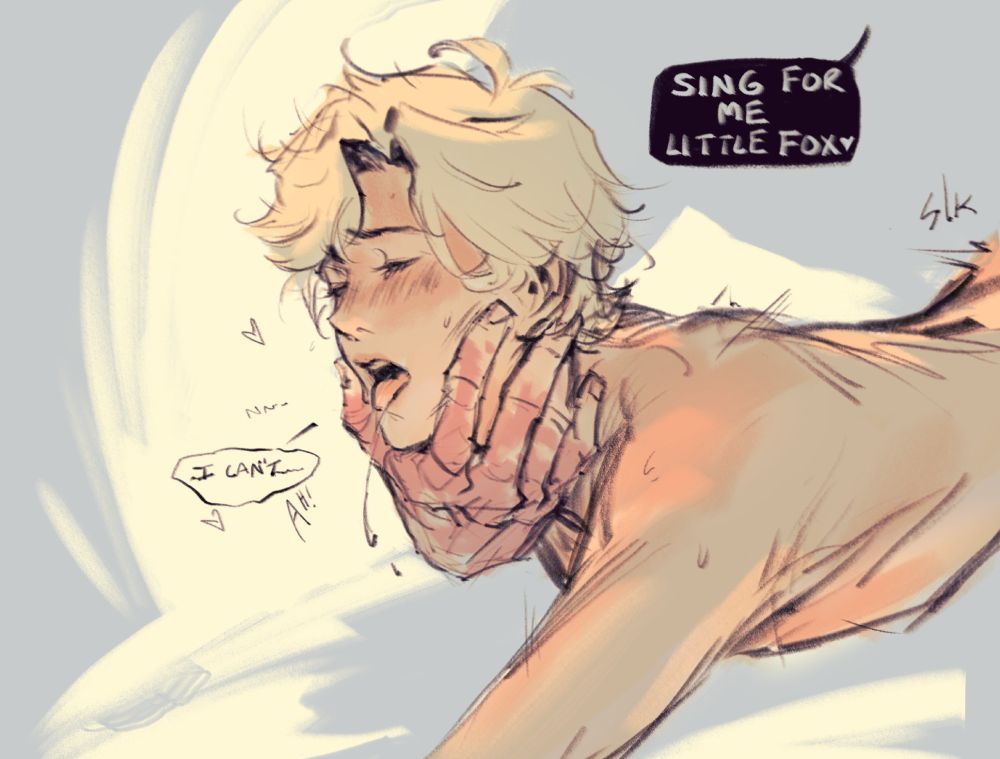 Friend's OC Mikhail holding my original character Emery's jaw. Emery is saying 'I can't' and Mikhail is saying 'sing for me little fox.'