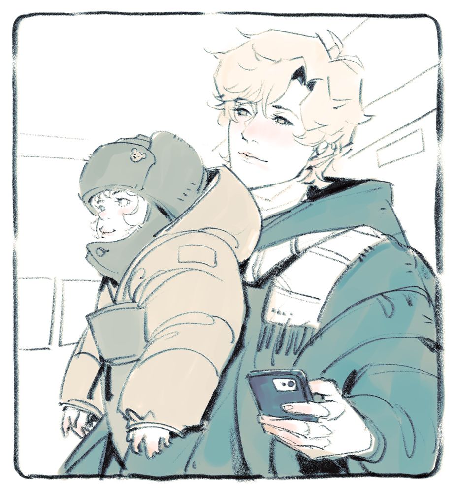 Character carrying toddler and holding his phone. Both are wearing puffy jackets.