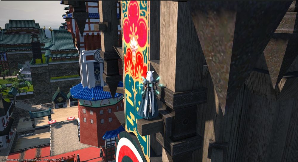 A screenshot of my character in final fantasy 14 trying to climb Kugane tower - as I'm about to enter one of the more annoying parts of the jump.  No, I did not make it.  