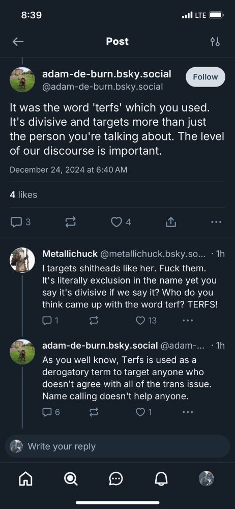 Some person named adam-de-burn arguing that TERF is a slur no one should use because it makes people feel icky.   Yeah.  That’s the point.  Don’t be a TERF