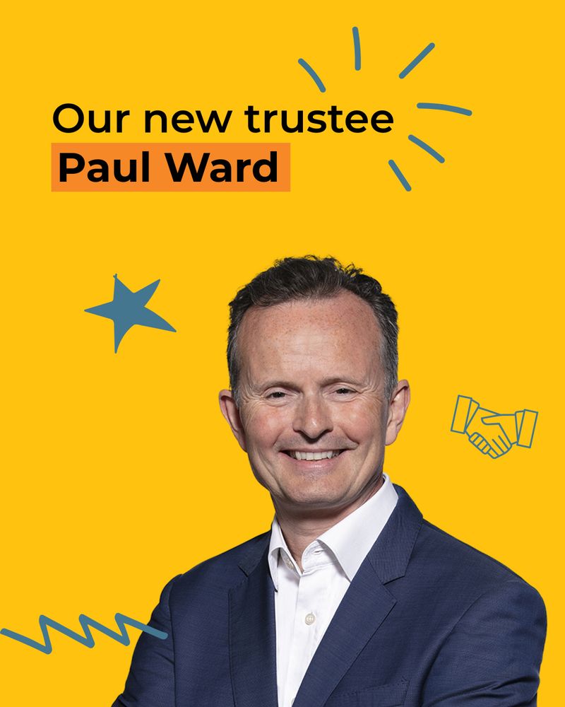 A portrait photo of Paul Ward with doodles around him. Text: Our new trustee, Paul Ward