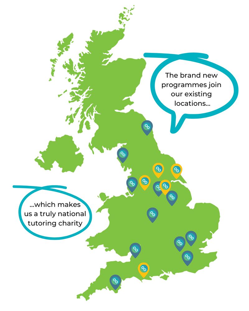 Map of the UK showing multiple blue and yellow location markers representing Action Tutoring's expansion of programme locations