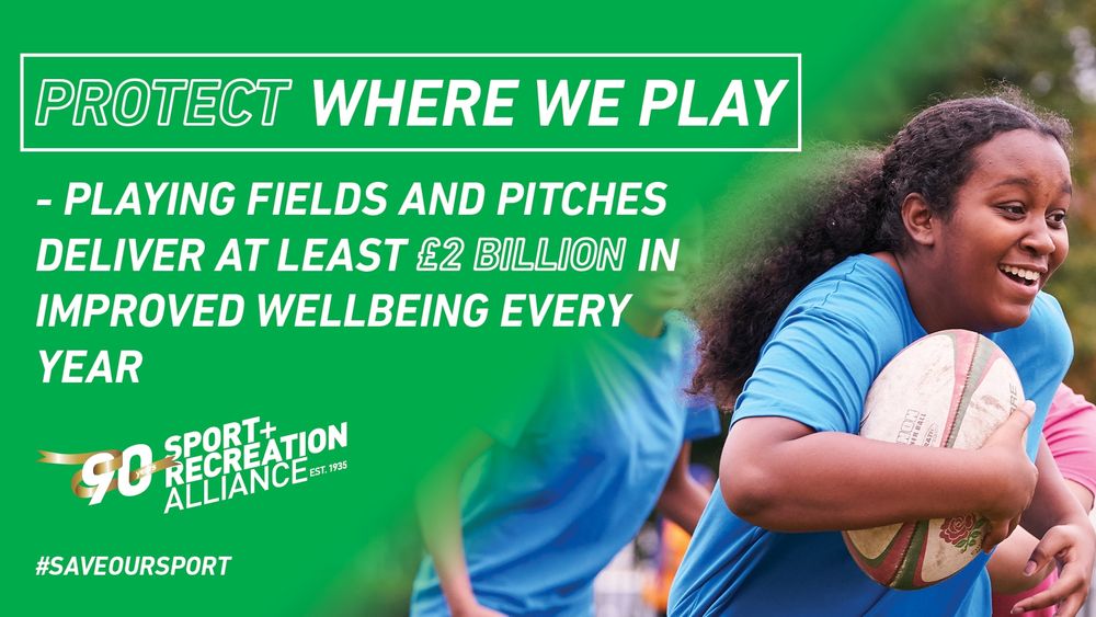 Protect Where We Play graphic, featuring a girl smiling as she runs with a rugby ball, and the words 'Protect Where We Play: Playing fields and pitches deliver at least £2 billion in improved wellbeing every year' written on the left.