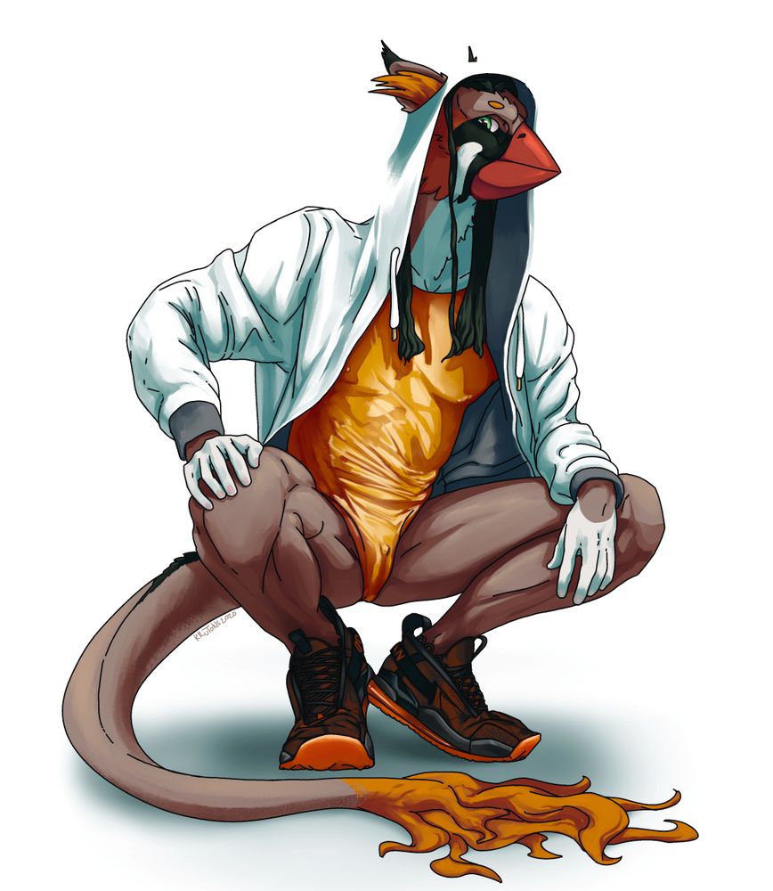 Anthro avian crouching down, balancing on the balls of their feet. Feather colouration resembles a zebra finch, but the creature also has cat-like ears and long hair. They are wearing a gold latex one-piece, orange and black Nike trainers, and a bright white hoodie with the hood up. There are holes in the hood for the ears. The latex one-piece is, naturally, form fitting and reveals details such as their nipple piercings, trim athletic figure, and that they have a pussy. Their build and presentation is otherwise typically masculine.
They are looking at you.