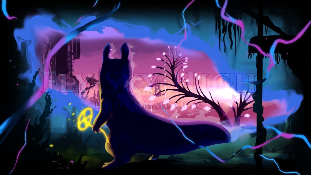 Illustration of a a dark slugcat holding a karma flower while looking through the spacetime rift at another area far from the one they're currently standing as if it's some sort of window. There are lightning like streaks created by the rift floating around them. The scene within the rift is of the dawn/dusk sky and structure of a pinkish zone.