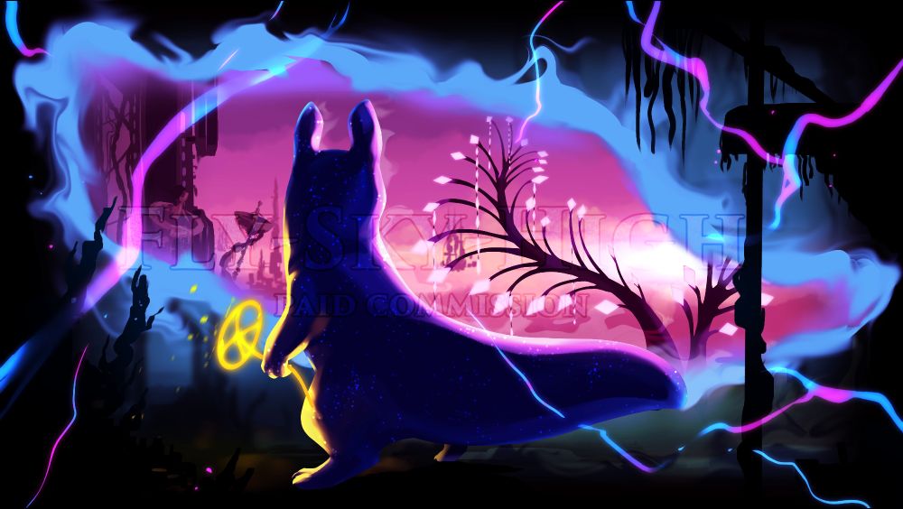 Illustration of a a dark slugcat holding a karma flower while looking through the spacetime rift at another area far from the one they're currently standing as if it's some sort of window. There are lightning like streaks created by the rift floating around them. The scene within the rift is of the dawn/dusk sky and structure of a pinkish zone.