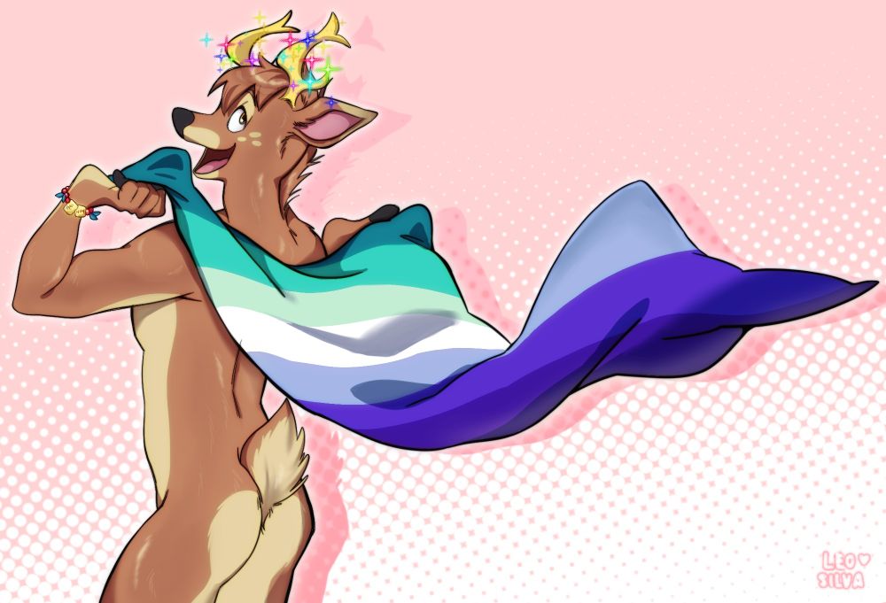 Atlas the deer holding a gay pride flag cape