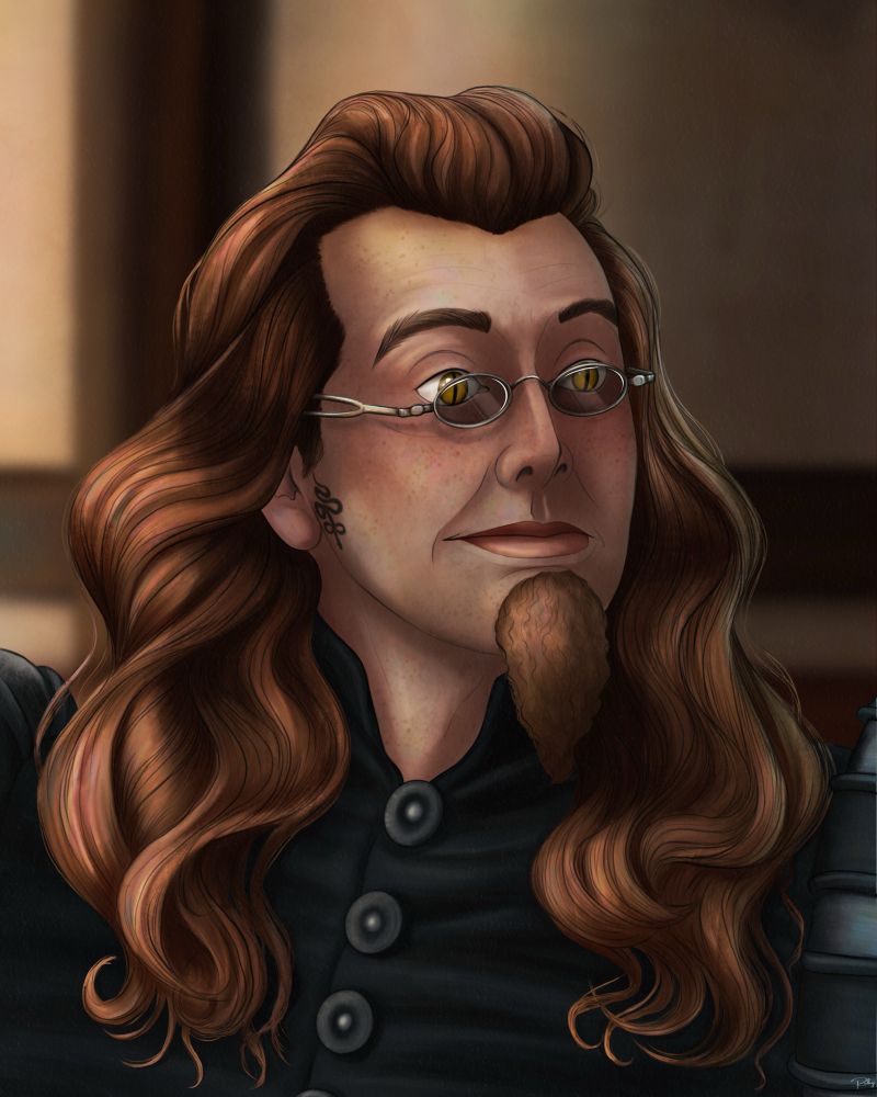 A digital portrait drawing of Crowley during the Globe Theatre scene, being smitten with whoever stands next to him (which is, of course, always Aziraphale)